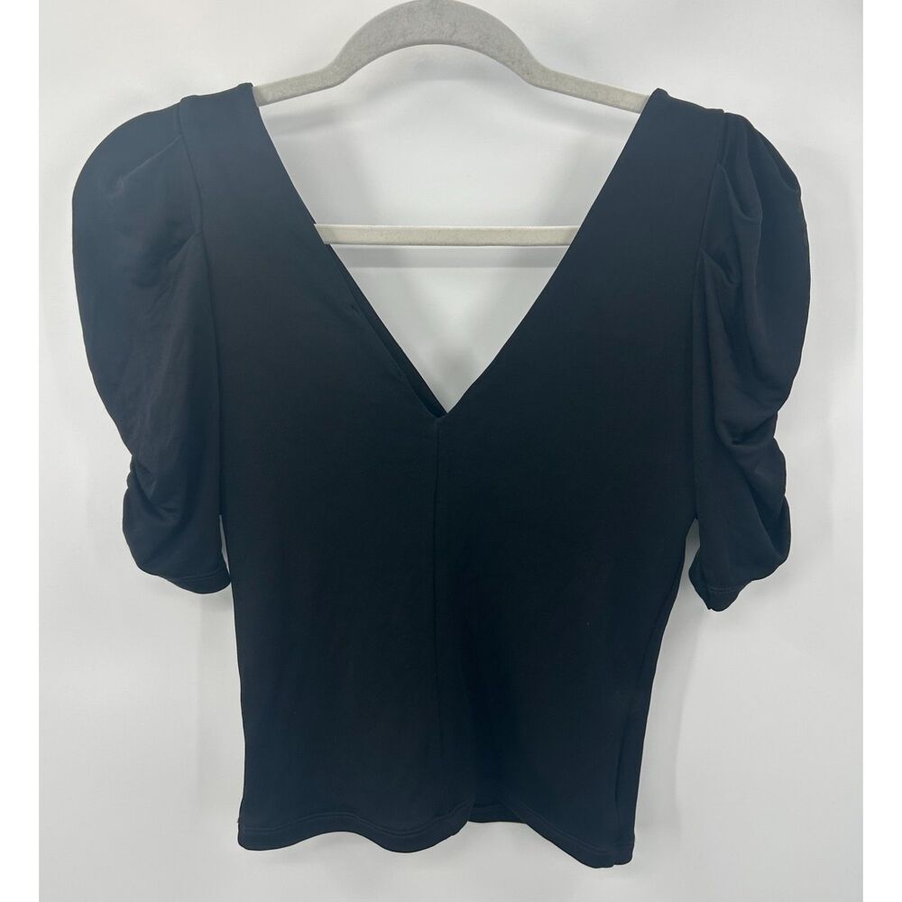 Frame Ruched Sleeve Top Black Double V Neck Blouse Noir LWTS2002 Size M